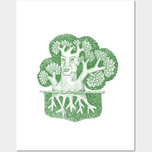 Forest God Soul Expression with Side Profile of a Man and His Head with Leafy Tree Branches Hand Drawn Illustration with Pen and Ink Cross Hatching Technique 2 Posters and Art